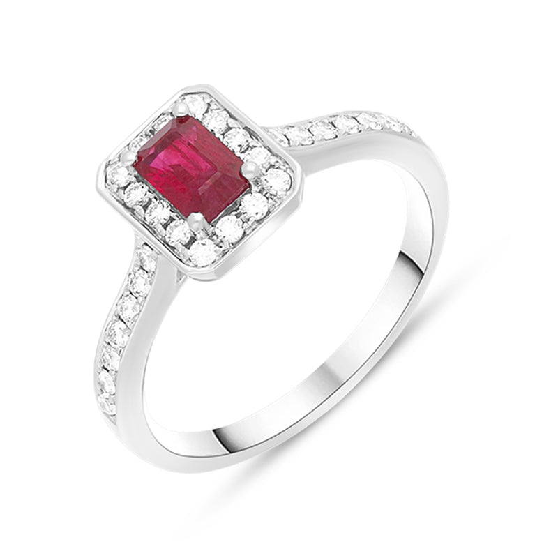 18ct White Gold Ruby Diamond Emerald Cut Shoulder Set Cluster Ring