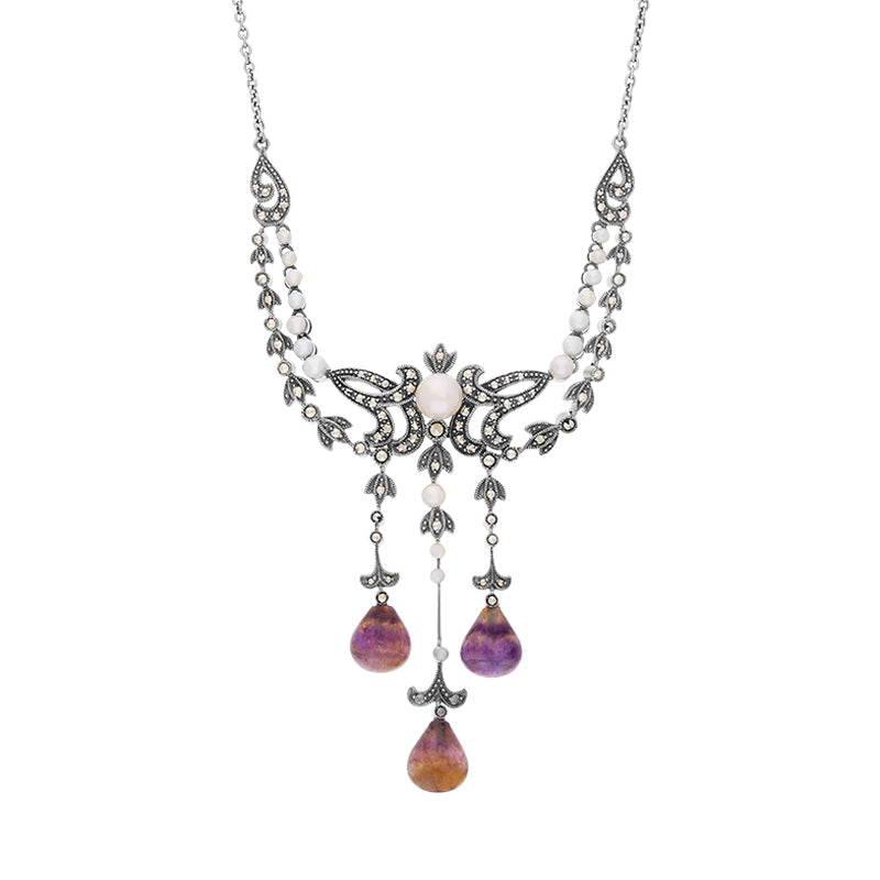 Sterling Silver Blue John Marcasite Pearl Triple Drop Necklace British Diamond Company