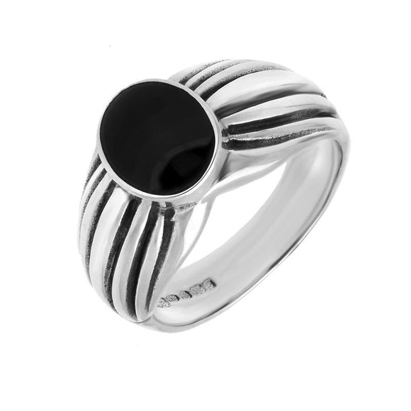 00006539 C W Sellors Silver Whitby Jet Pleated Shoulders Ring, R148.