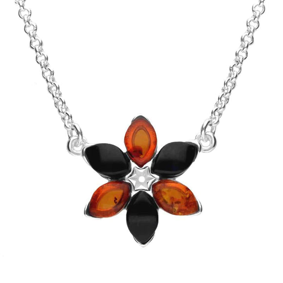 Sterling Silver Whitby Jet Amber Flower Necklace N1052