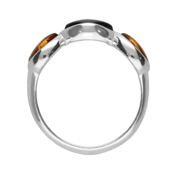 00177594 C W Sellors Sterling Silver Whitby Jet Cognac Amber 3 Stone Pear Ring R1212.