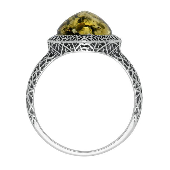 Sterling Silver Green Amber Basket Weave Edge Pear Ring R1207_G