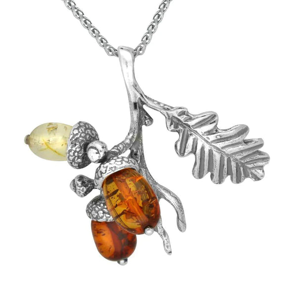 00177915 Sterling Silver Amber Triple Acorn and Leaf Necklace P3417