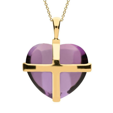 9ct Yellow Gold Amethyst Large Cross Heart Necklace. P1542.