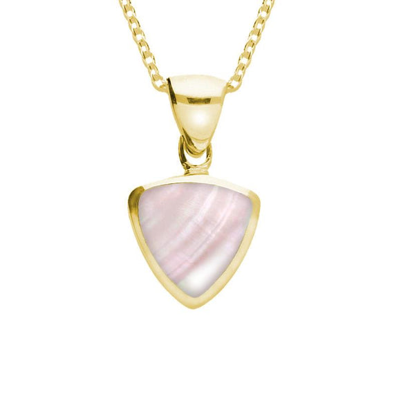 9ct Yellow Gold Pink Mother of Pearl Small Curved Triangle Necklace. P323.