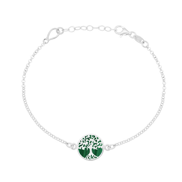 Sterling Silver Malachite Round Tree of Life Chain Bracelet