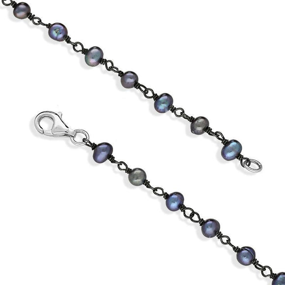 00117740 Sterling Silver Black Pearl Bead Chain Link Bracelet, B945B.