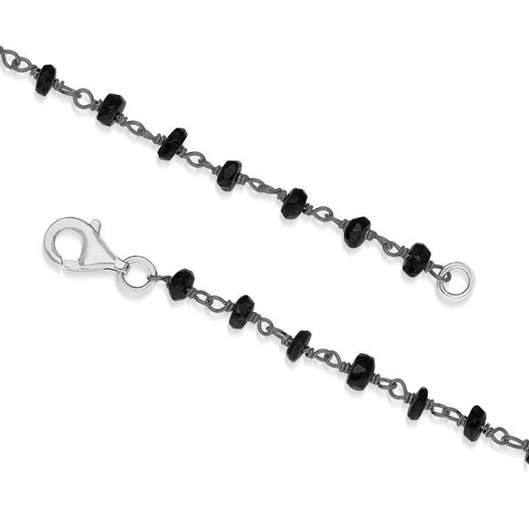 00109606 Rhodium Plate Whitby Jet 4mm Bead Chain Link Bracelet, B945.