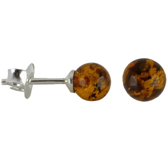 Silver Baltic Amber Orange 8mm Ball Stud Earrings E1753