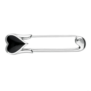 Sterling Silver Whitby Jet Eclipse Heart Safety Pin Brooch. M304.