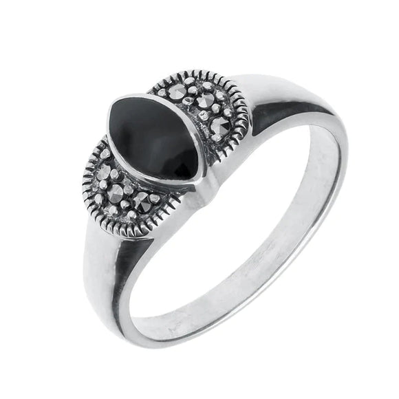 Sterling Silver Whitby Jet Marcasite Marquise Ring. R746.