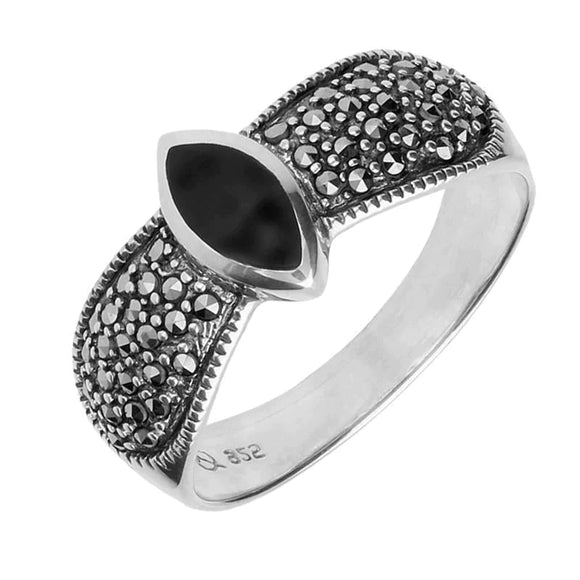 Sterling Silver Whitby Jet Marcasite Shoulder Ring. R753.