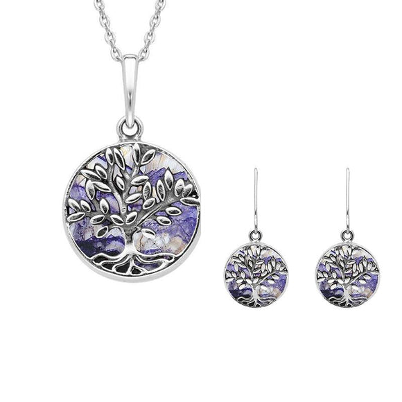 Sterling Silver Blue John Round Large Leaves Tree of Life Two Piece Set, S062.