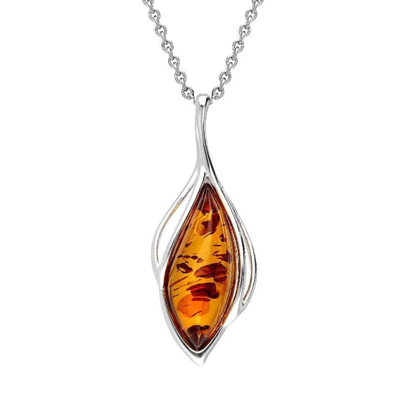 Sterling Silver Orange Amber Open Marquise Shaped Necklace, P3370_C.