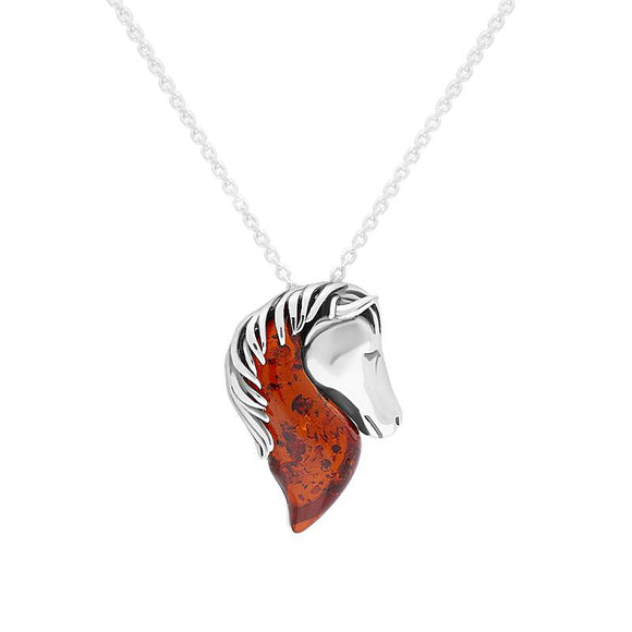 Sterling Silver Red Amber Medium Horse Head Necklace, P3596_RED