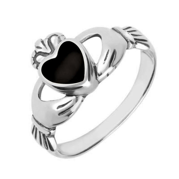 Sterling Silver Whitby Jet Claddagh Set Ring R074
