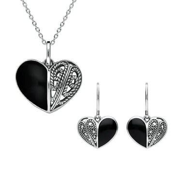 Sterling Silver Whitby Jet Half Stone Heart Two Piece Set