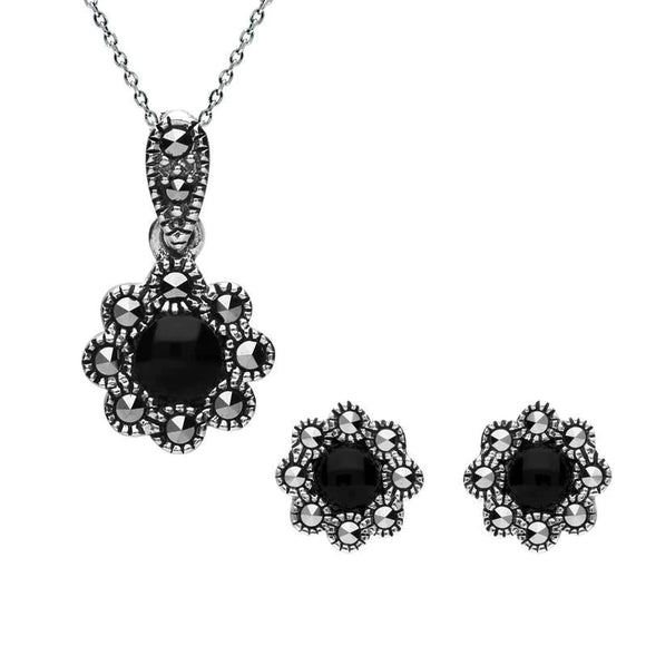 Sterling Silver Whitby Jet Marcasite Round Bead Edge Two Piece Set