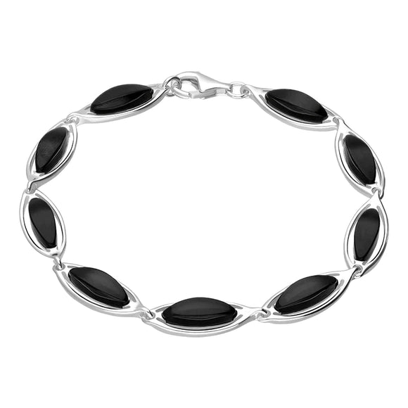Sterling Silver Whitby Jet Marquise Shaped Nine Stone Bracelet, B852.