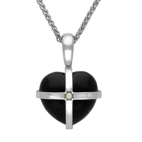 Sterling Silver Whitby Jet One Pearl Small Cross Heart Necklace. P2163.
