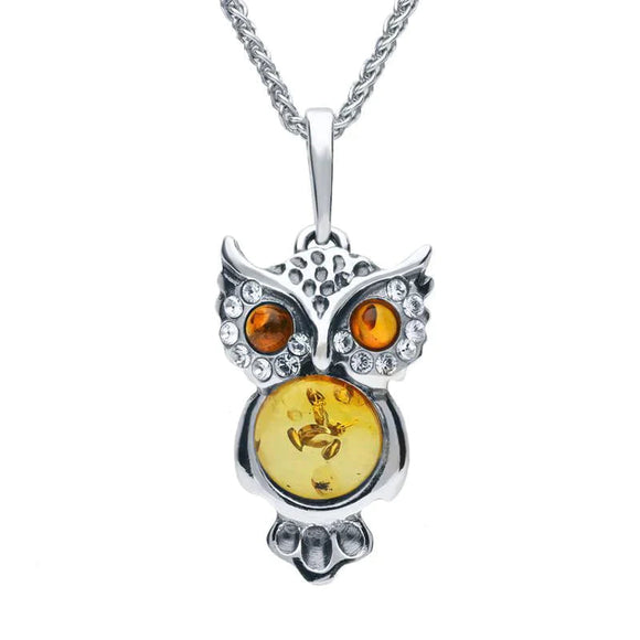 Sterling Silver Amber Cubic Zirconia Owl Medium Necklace P3152