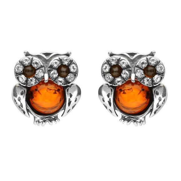 Sterling Silver Amber Cubic Zirconia Small Owl Stud Earrings E2330