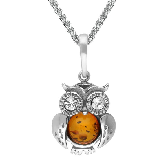 Sterling Silver Amber Cubic Zirconia Tiny Owl Necklace P3506