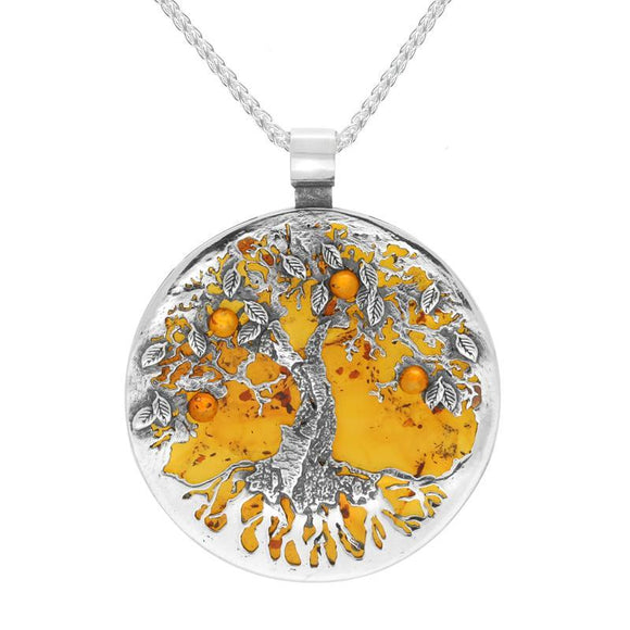 Sterling Silver Amber Large Round Tree Of Life Necklace P3353