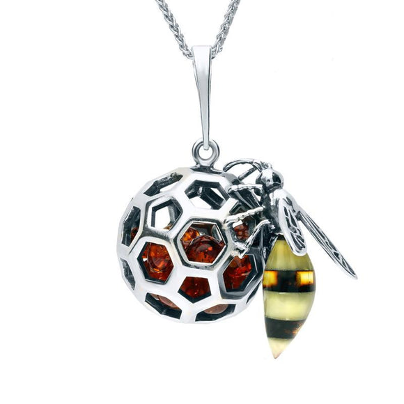 Sterling Silver Amber Medium Bee Honeycomb Ball Necklace P3141