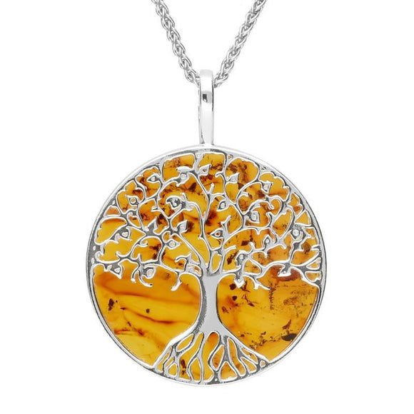Sterling Silver Amber Round Tree Of Life Necklace P3146