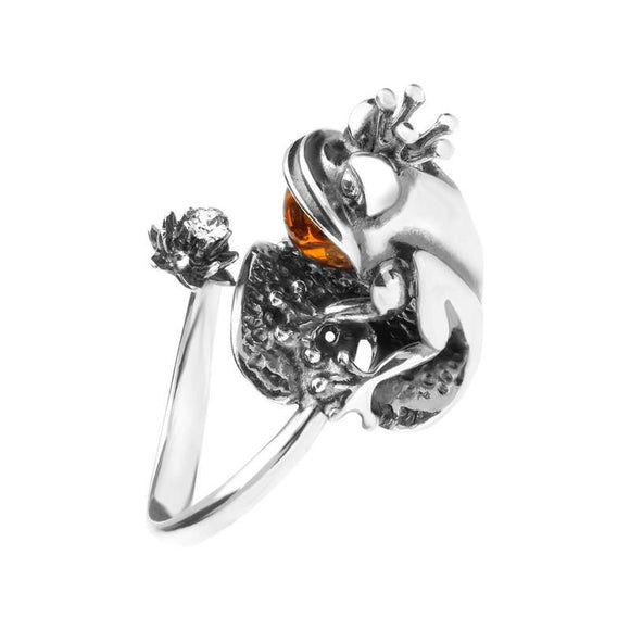 Sterling Silver Amber Sitting Frog Ring R1064