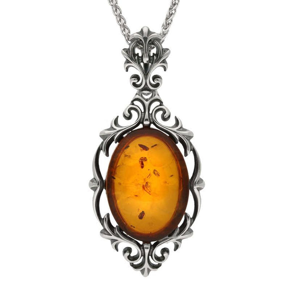 Sterling Silver Baltic Amber Ornate Oval Necklace P1979