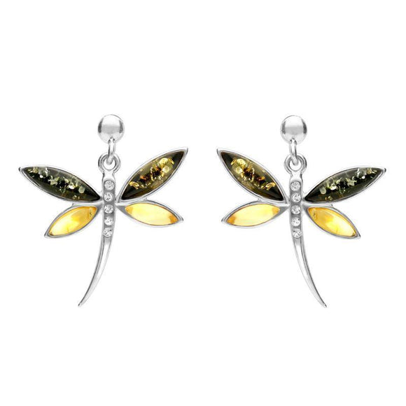 Sterling Silver Green Amber Cubic Zirconia Dragonfly Drop Earrings E2326