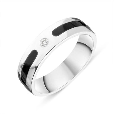 Sterling Silver Whitby Jet Diamond 6mm Patterned Wedding Band Ring R1195_6