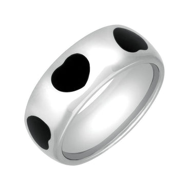 Sterling Silver Whitby Jet 8mm Heart Inlaid Band Ring. R625
