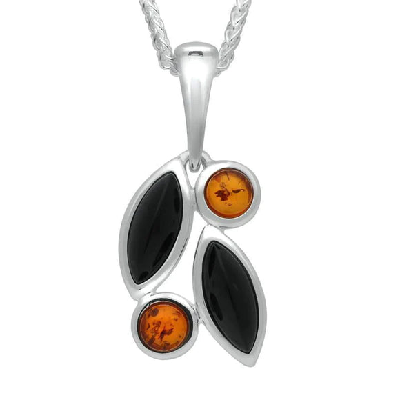 Sterling Silver Whitby Jet Amber Four Stone Leaf Drop Two Piece Set. S047 necklace