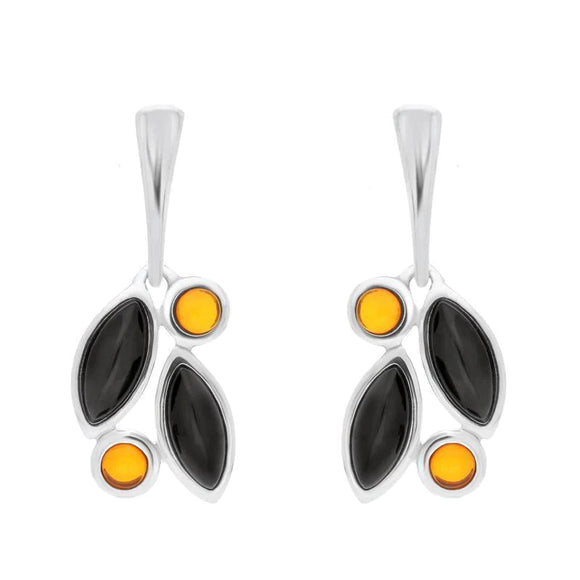 Sterling Silver Whitby Jet Amber Four Stone Leaf Drop Two Piece Set. S047 earrings