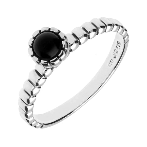 Sterling Silver Whitby Jet Beaded Edge Round Stacking Ring R1061