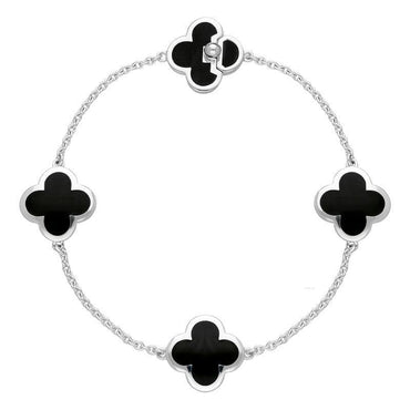 Sterling Silver Whitby Jet Bloom Four Stone Four Leaf Clover Chain Bracelet, B1152