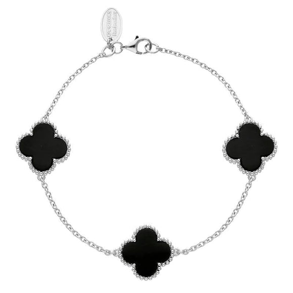 Sterling Silver Whitby Jet Bloom Three Stone Four Leaf Clover Ball Edge Chain Bracelet, B1153