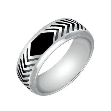 Sterling Silver Whitby Jet Chevron Patterned 8mm Band Ring. R522