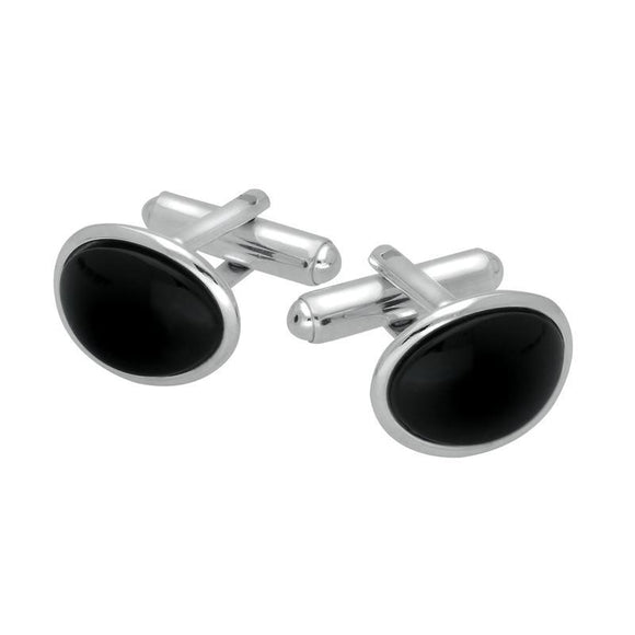 Sterling Silver Whitby Jet Curved Oval Cufflinks. CL537.