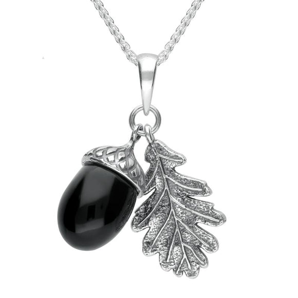 Sterling Silver Whitby Jet Large Acorn and Leaf Necklace P3358