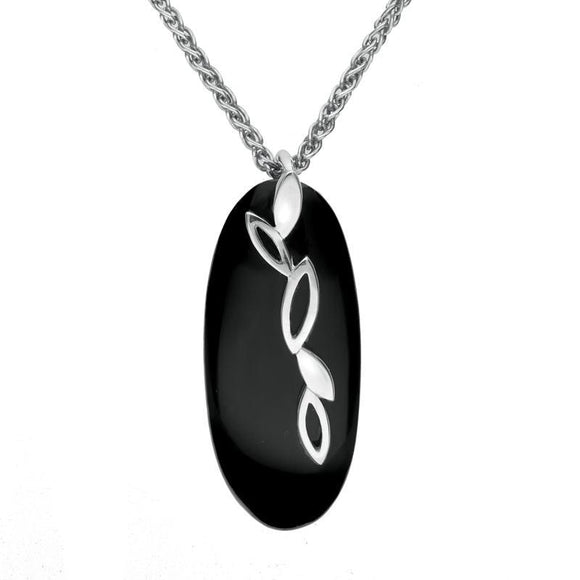 Sterling Silver Whitby Jet Long Drop Oval Necklace P1730