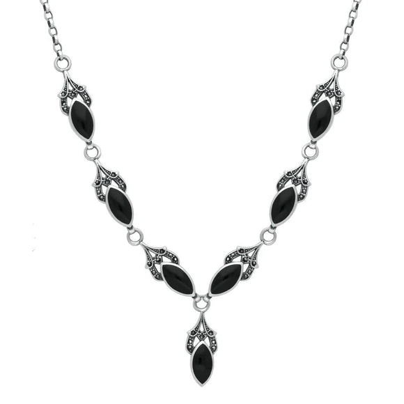 Sterling Silver Whitby Jet Marcasite 7 Stone Pave Marquise Necklace. N896