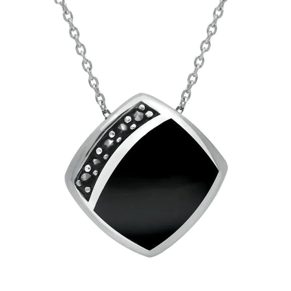 Sterling Silver Whitby Jet Marcasite Cushion Necklace P1317