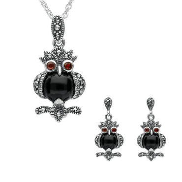 Sterling Silver Whitby Jet Marcasite Garnet Owl Two Piece Set