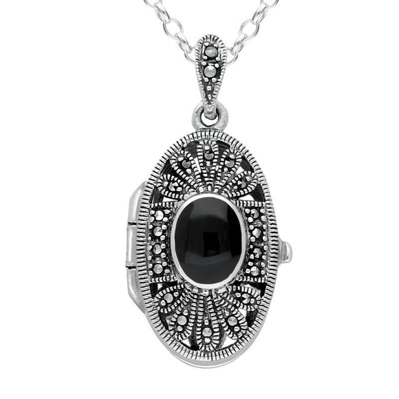 Sterling Silver Whitby Jet Marcasite Oval Floral Locket Necklace P2146