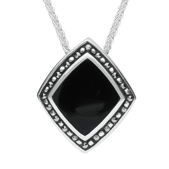 Sterling Silver Whitby Jet Marcasite Rhombus Necklace. P1315.