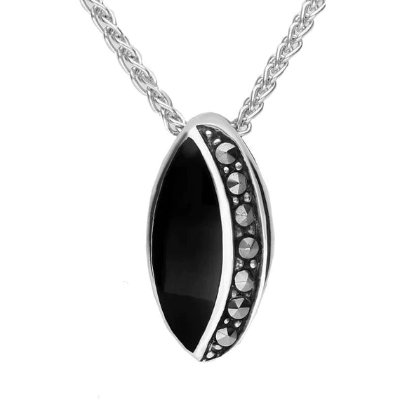 Sterling Silver Whitby Jet Marcasite Small Oval Necklace. P1316